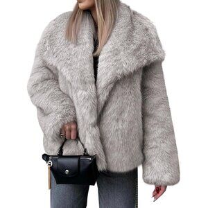 Women's Faux Fur Coat Winter Shaggy Casual Oversized Lapel Jackets Warm Grey